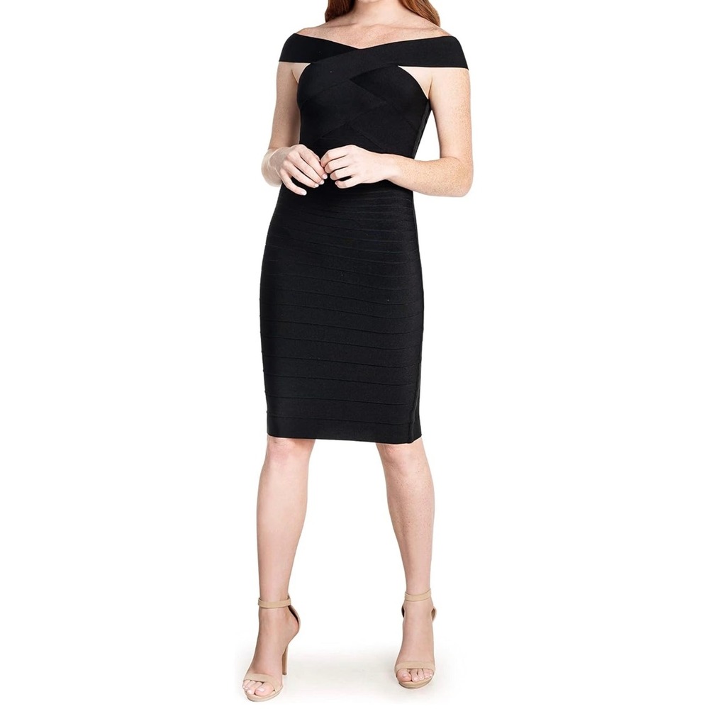 NWT Dress The Population Maia Bandage Dress Black Off Shoulder Crisscross L